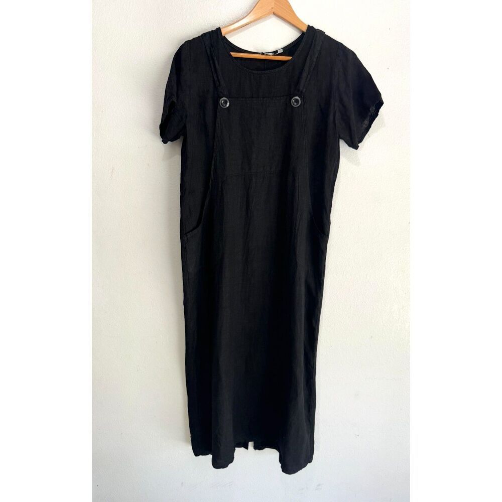 Classique 100% Linen dress black midi casual summer vacation resort women M
